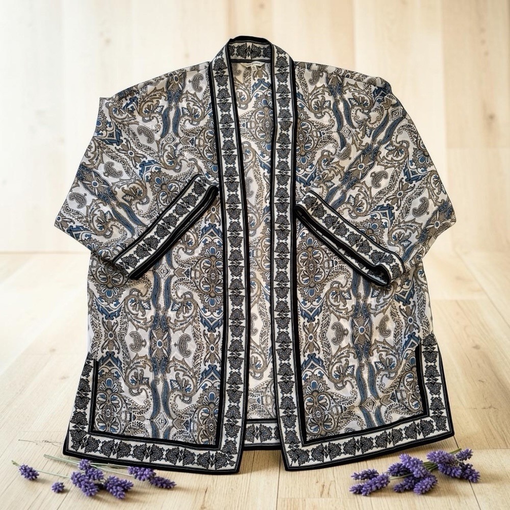 Max‎ Studio Blue White Paisley Open Front Kimono Cardigan Cover Up Boho Womens S